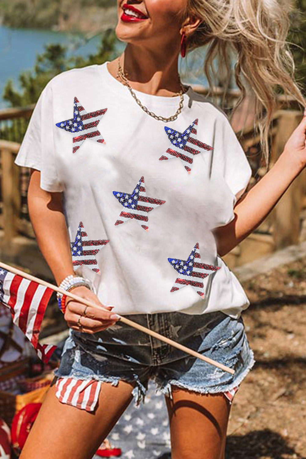 White Sequin American Flag Can Oversized Graphic Tee