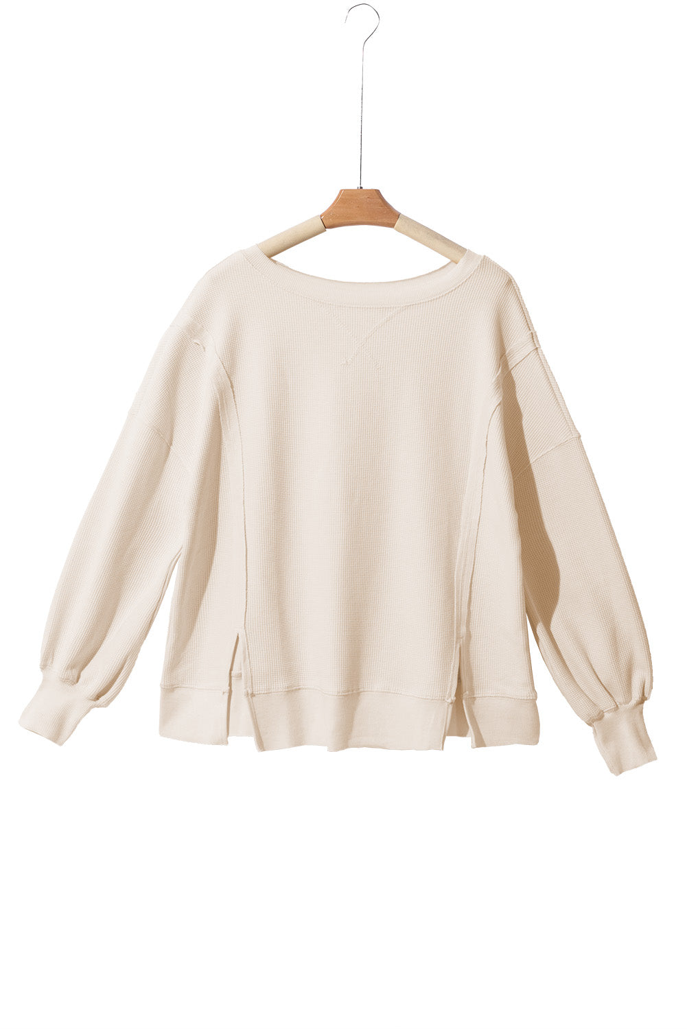 White Waffle knit Bishop Sleeve Split Oversized Top