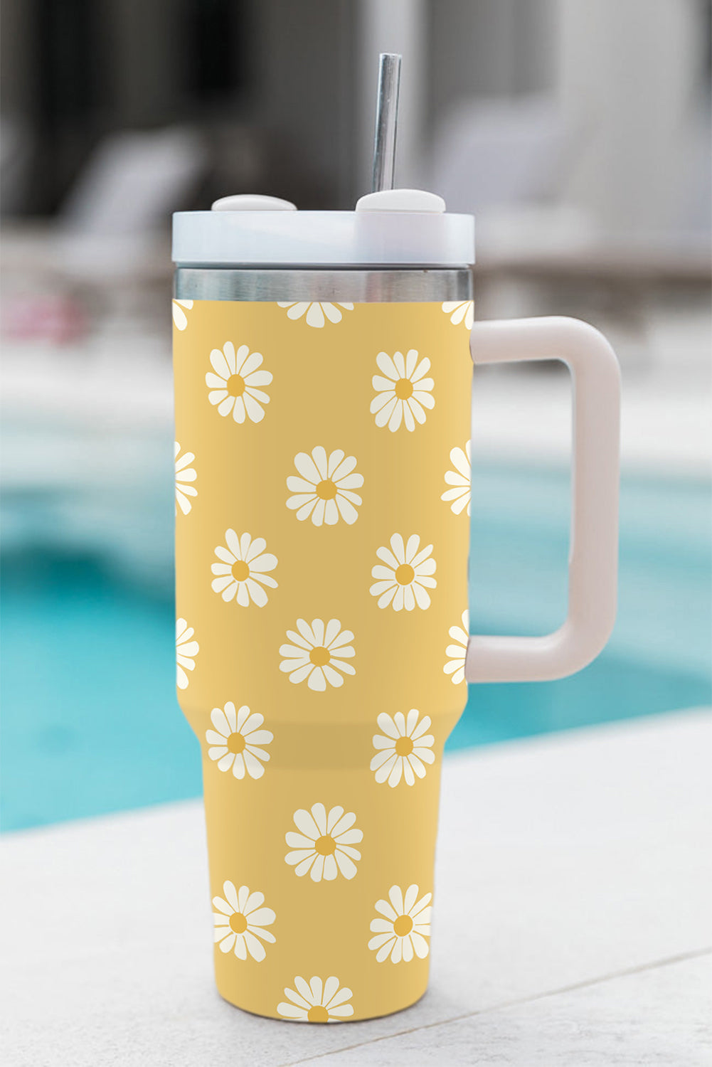 White Floral Leaves Print Stainless Large Portable Cup 40oz