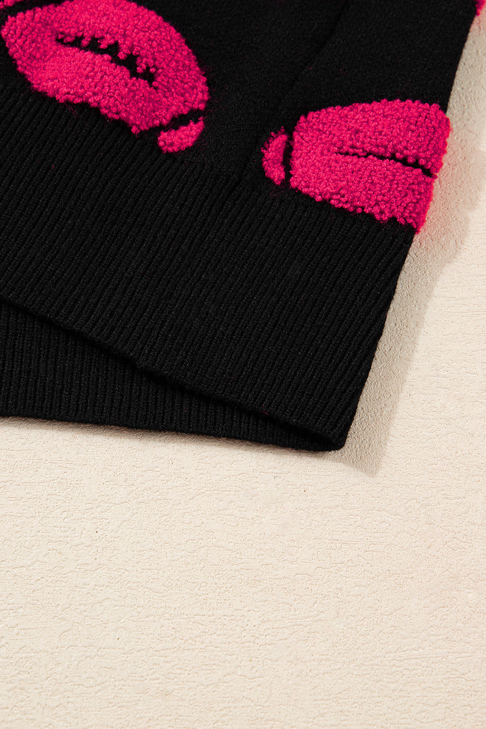 Black Rugby Print Casual Knit Short Sleeve Sweater