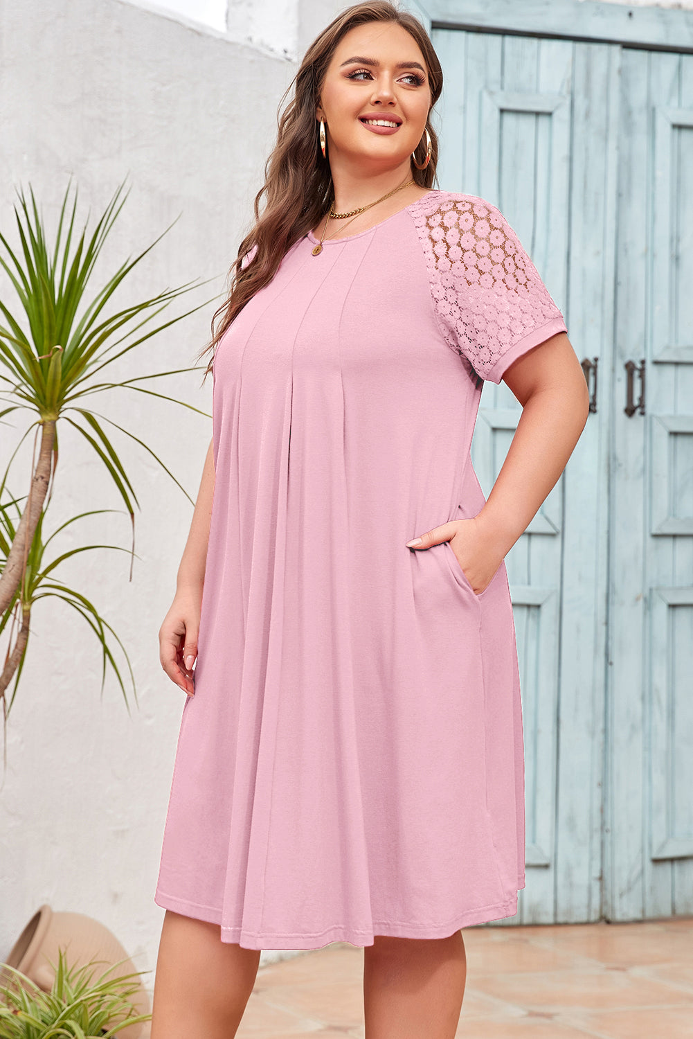 Light Pink Plus Size Solid Color Lace Short Sleeve Pleated Swing Dress