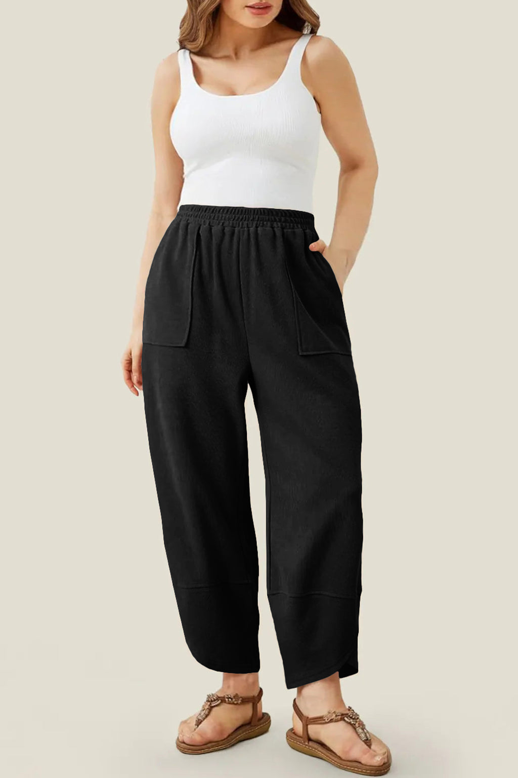 Sail Blue Plus Size Elastic Waist Asymmetrical Hem Loose Capris Pants