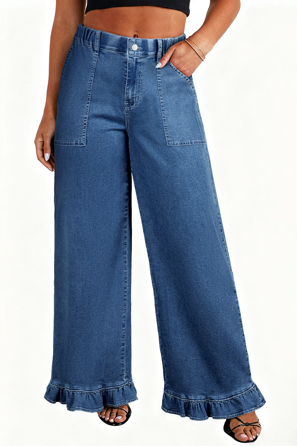 Black Plus Size Elastic Waist Ruffled Wide Leg Denim Pants