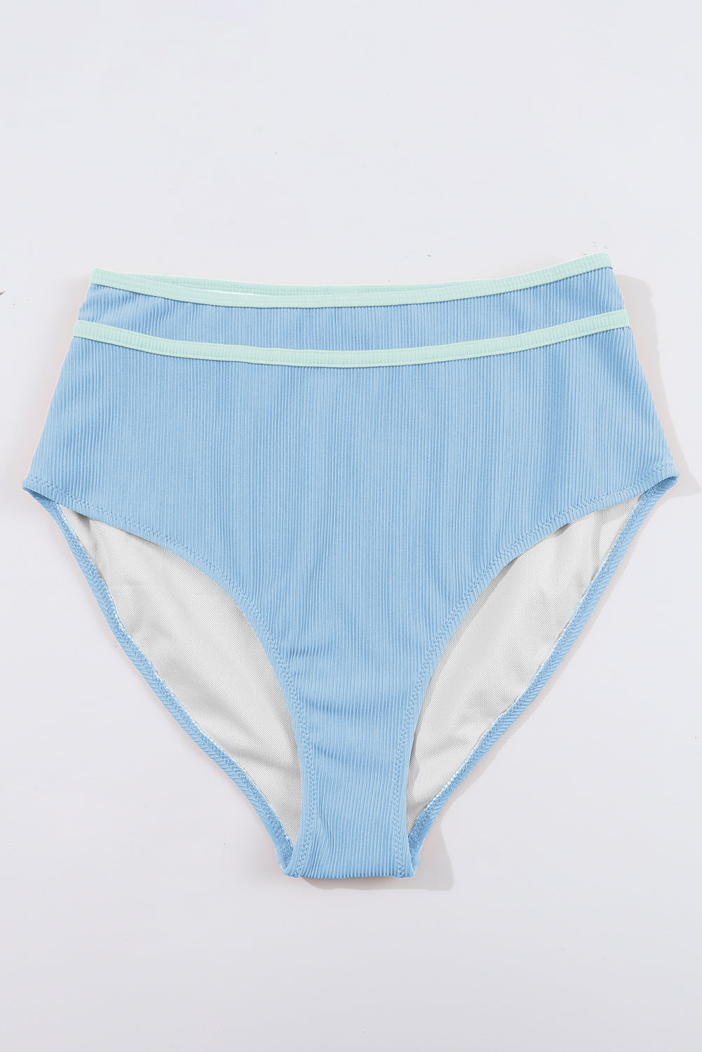 Beau Blue Stylish Ribbed Contrast Trim Spaghetti Straps 2pcs Bikini Swimsuit