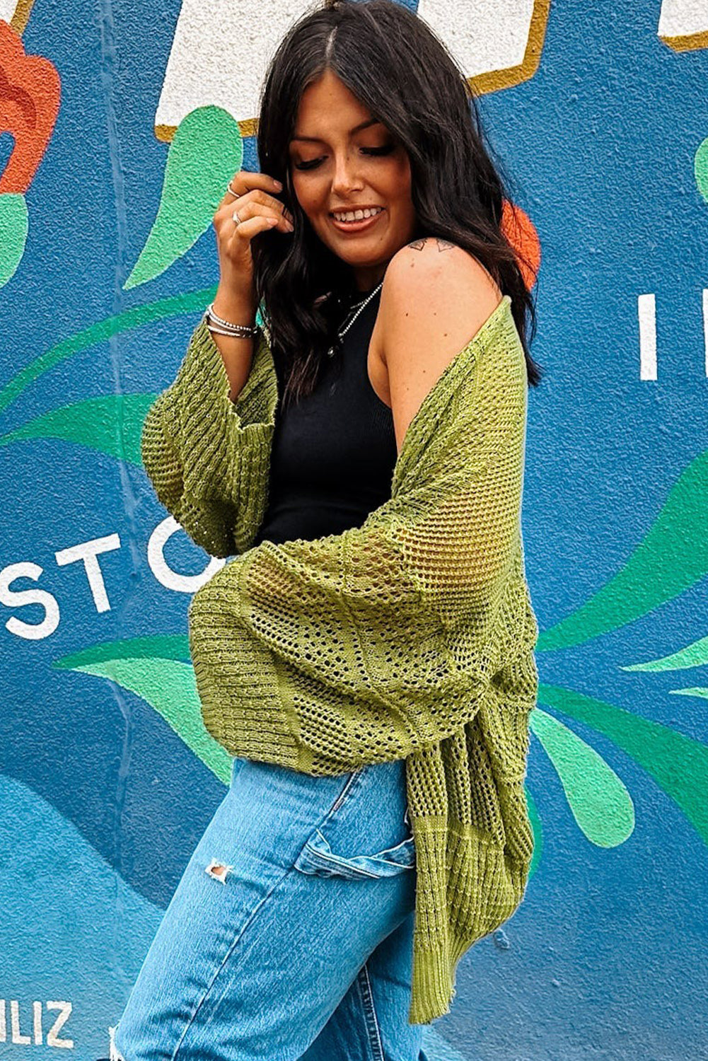 Spinach Green Oversize Crochet Knit Open Cardigan