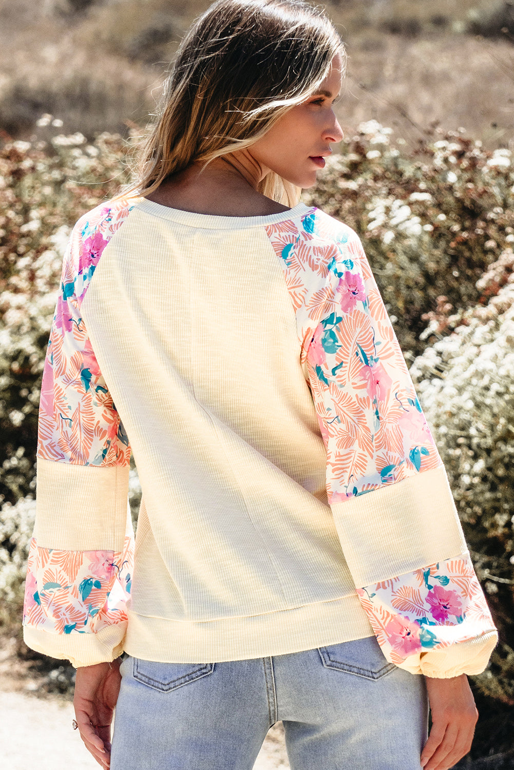 Apricot Plus Size Floral Patchwork Ribbed Puff Sleeve Top