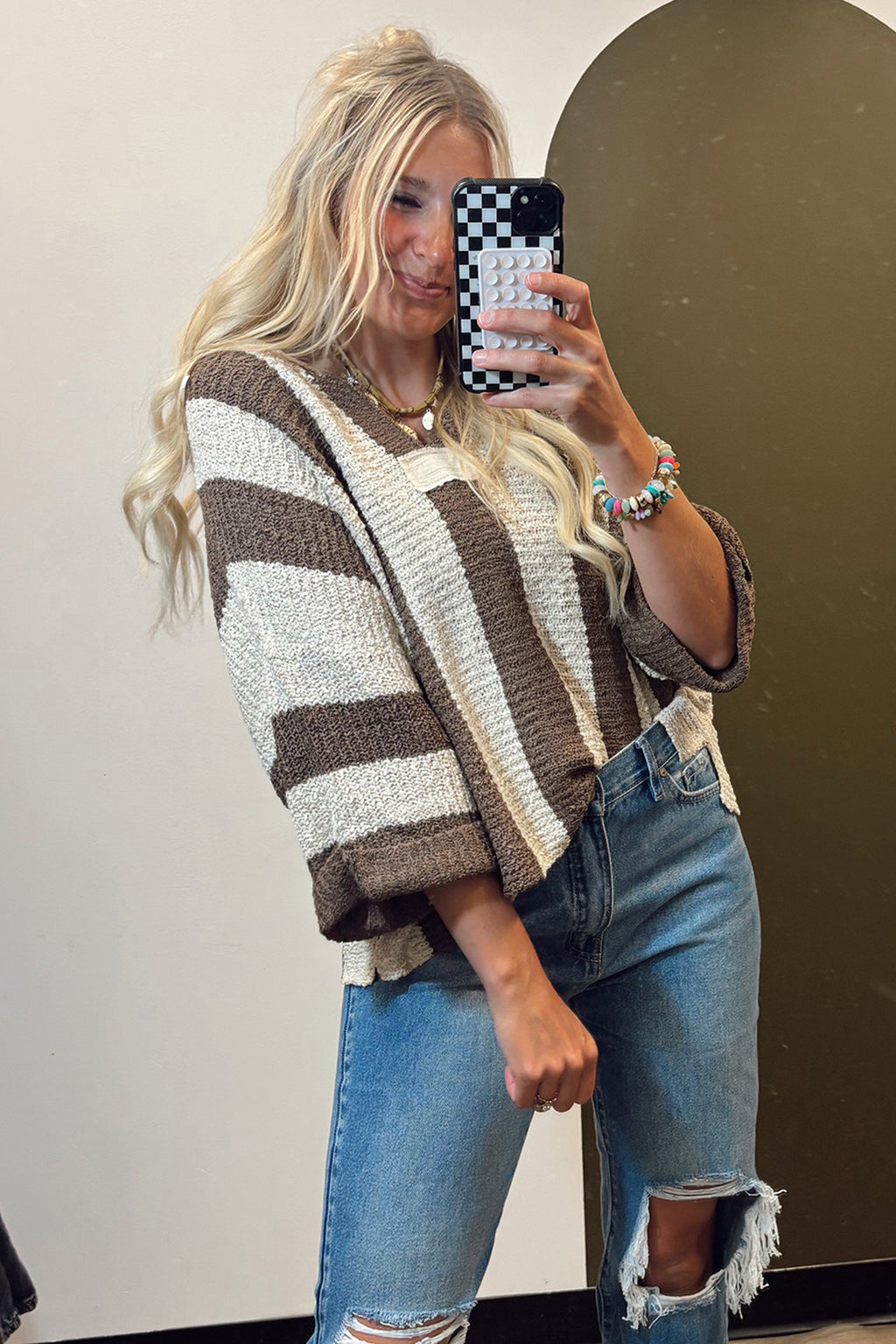 Red Stripe Colorblock V Neck Bracelet Sleeve Sweater
