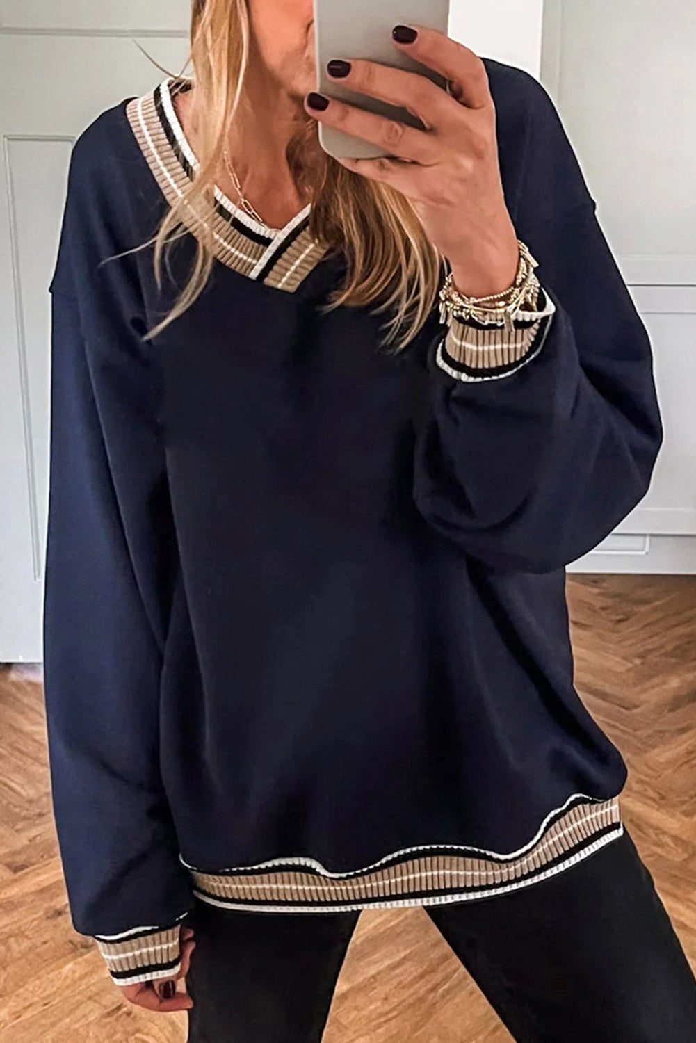 Gray Varsity Contrast Striped Trim V Neck Sweatshirt
