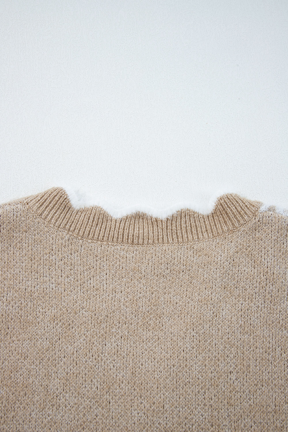 Smoke Gray Plush Flower Pattern Scalloped Trim V Neck Sweater