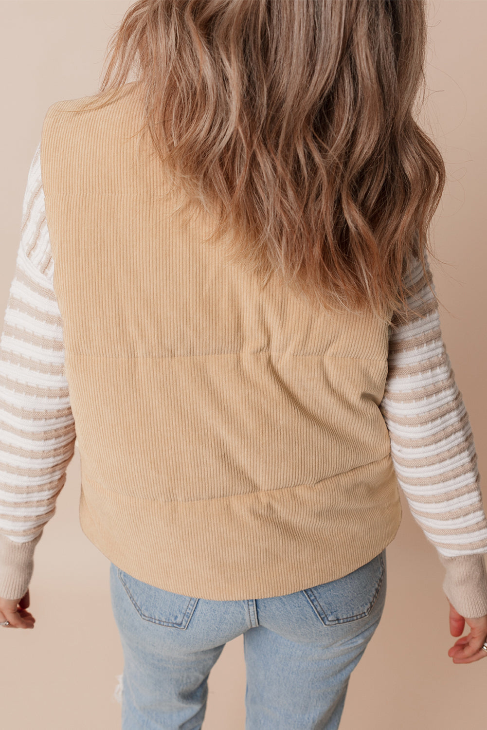 Beige Corduroy Stand Neck Zipped Puffer Vest