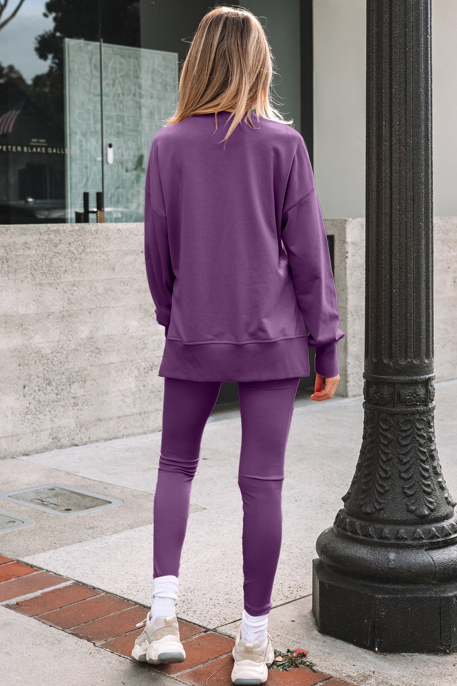 Black Solid Color Oversize Slit Sweatshirt Ribbed Leggings 2pcs Set