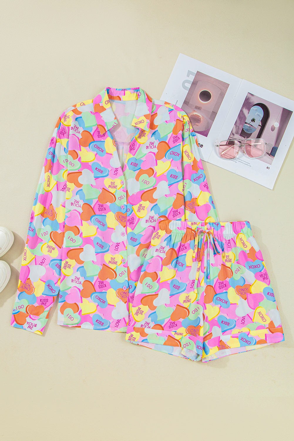 Pink Valentines Candy Heart V Neck Collared Tunic Shirt and Shorts 2pcs Pajama Set