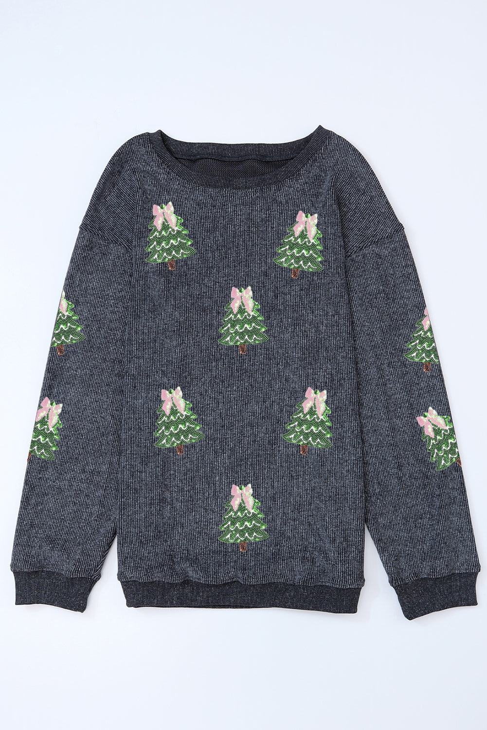 Gray Ribbed Round Neck Sequin Christmas Tree Patched Baggy Sweatshirt