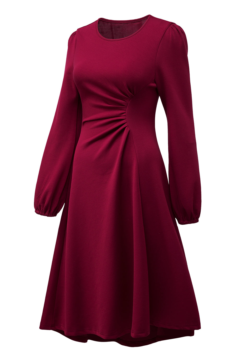 Fiery Red Solid Color Ruched Detail Long Sleeve Midi Dress