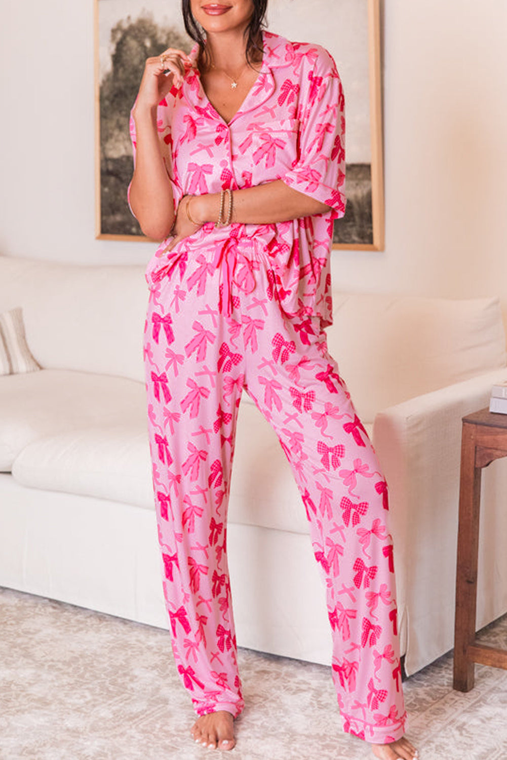 Pink Bow Print Half Sleeve Shirt and Shorts Pajamas Set