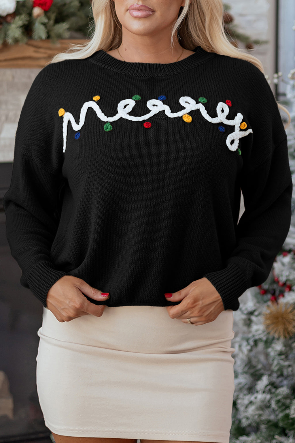 Smoke Gray Merry Colorful Dot Detail Christmas Drop Shoulder Sweater