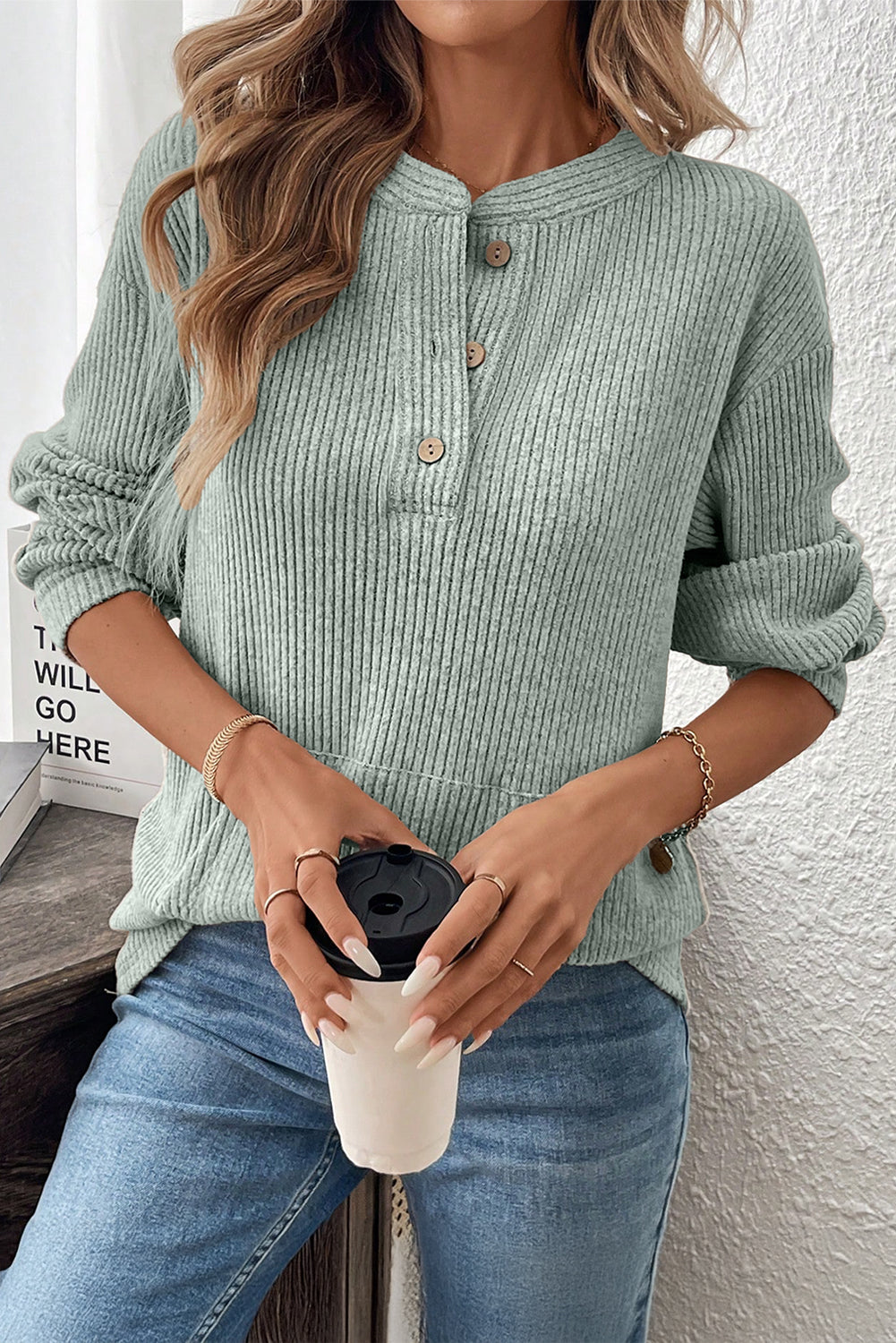Simply Taupe Plus Size Ribbed Knit Kangaroo Pocket Henley Long Sleeve Top