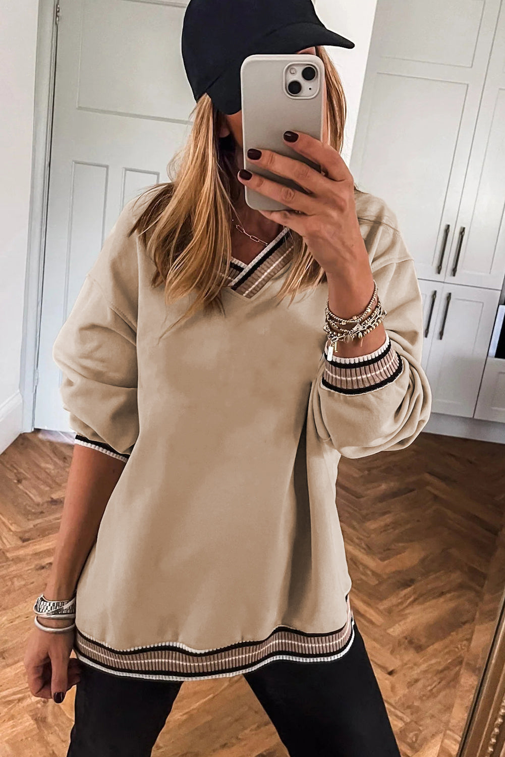 Gray Varsity Contrast Striped Trim V Neck Sweatshirt