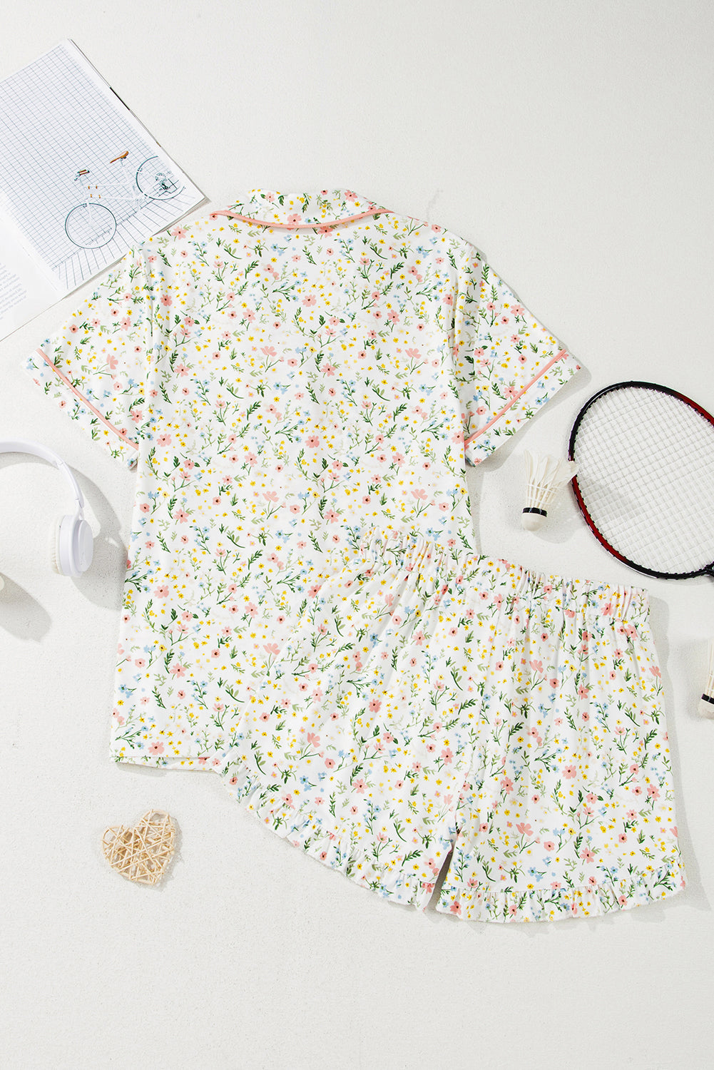 Beige Bow Fruit Print Contrast Pipping Short Pajamas Set