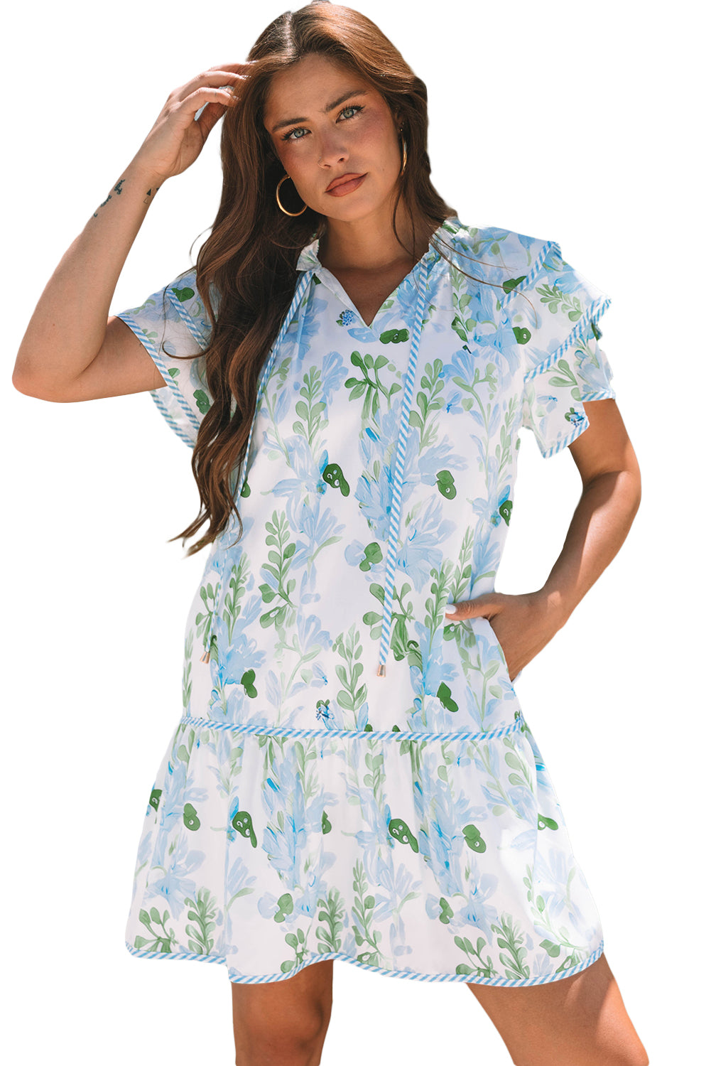 Pink Plus Size Floral Print Striped Detail Short Summer Dress