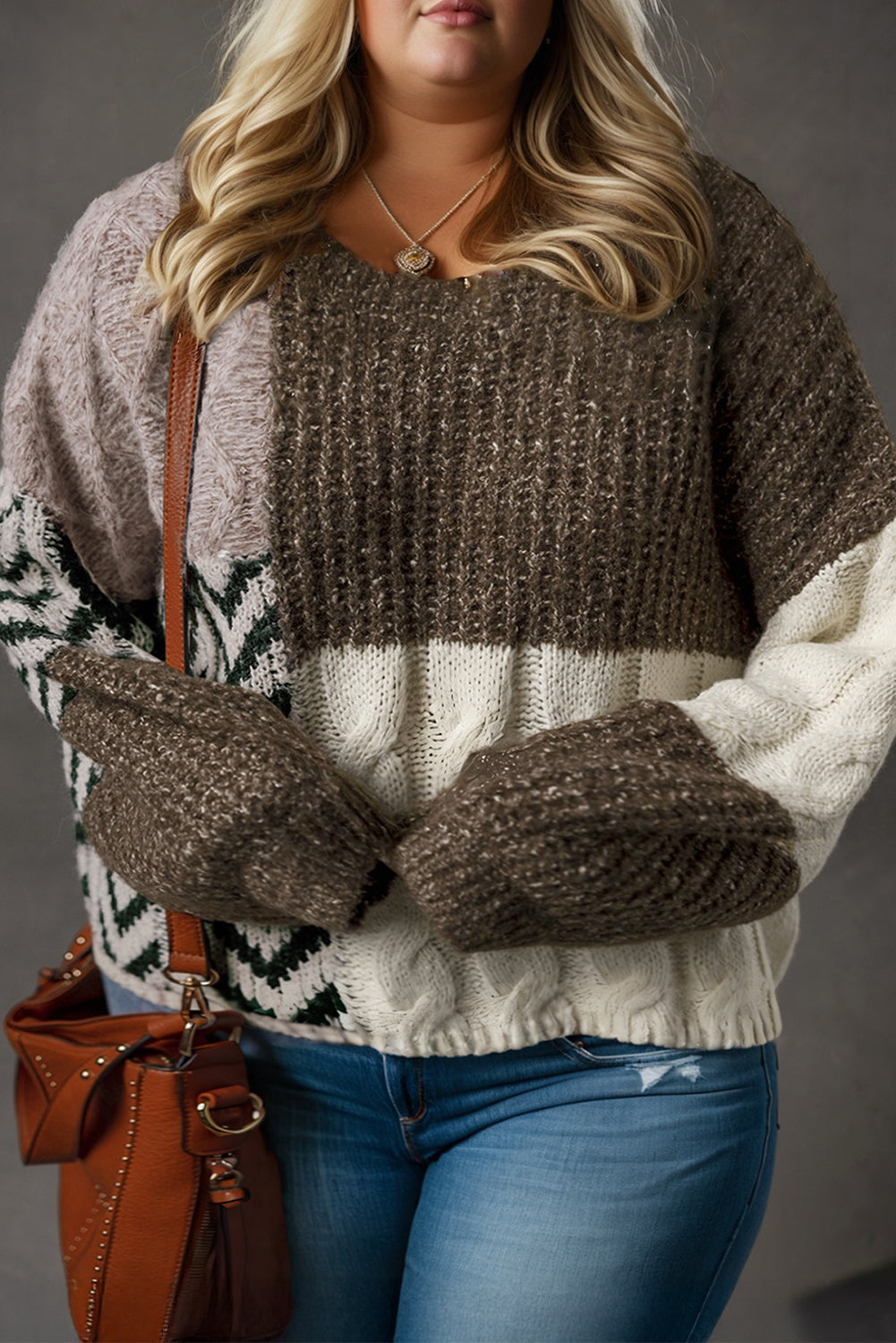 Brown Color Block Patchwork Knotted Back Loose Fit Sweater