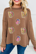 Dark Khaki Sequin Thanksgiving Turkey Patched Twisted Ribbed Exposed Seam Drop Shoulder Top