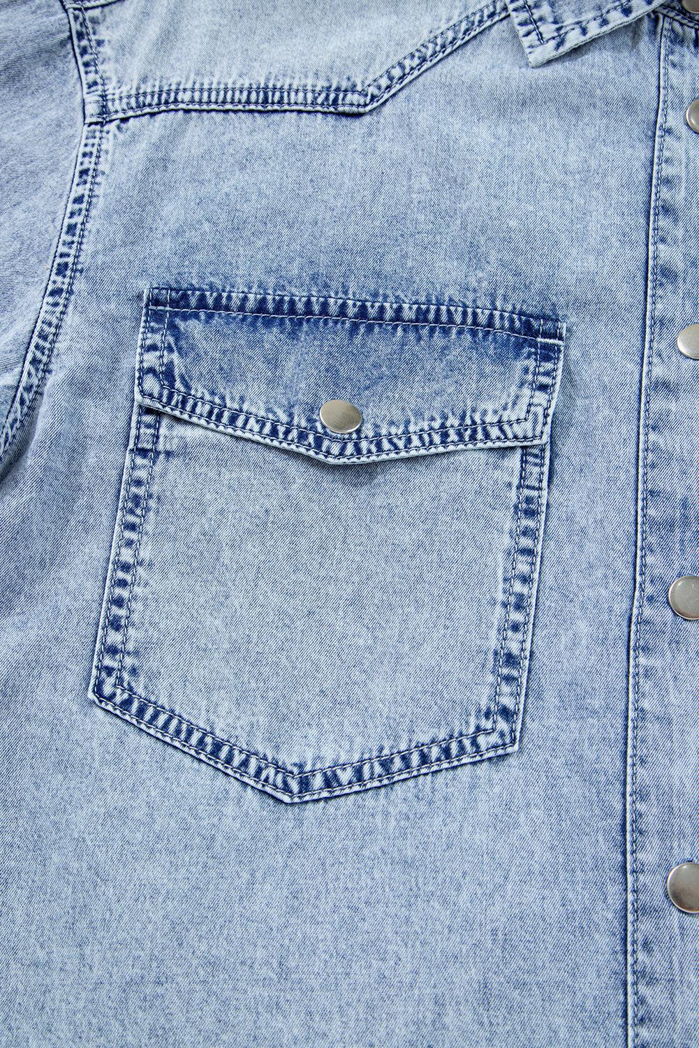 Blue Beau Chest Pocket Raw Hem Denim Loose Shirt Dress
