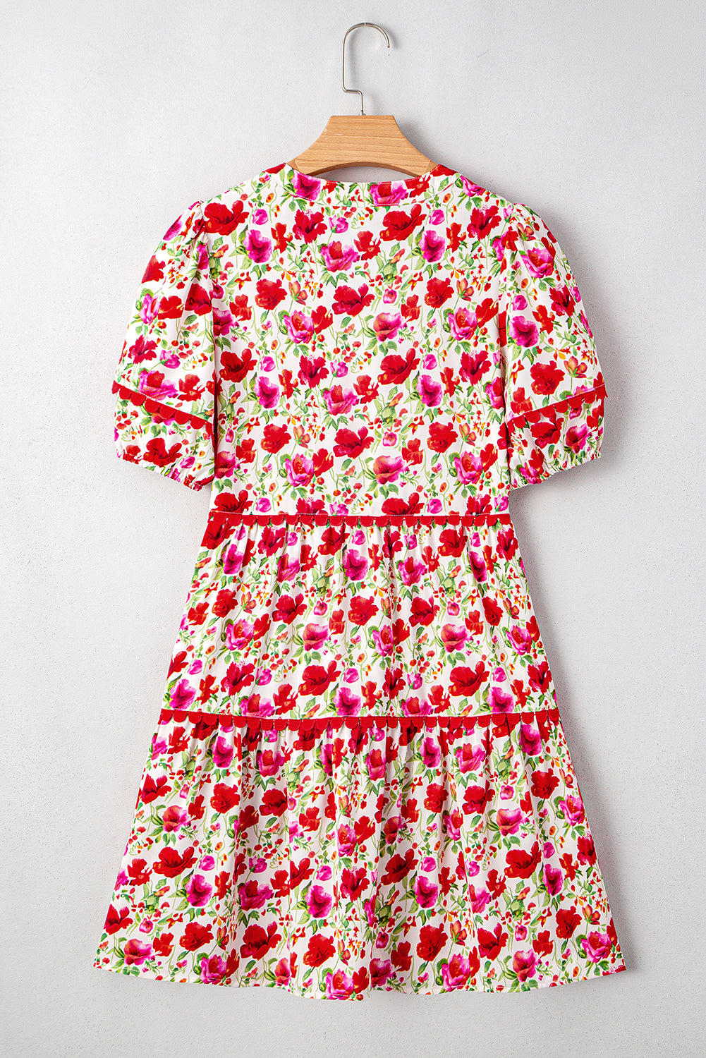 Red Floral Print Striped Patchwork Collared Short Sleeve Blouse