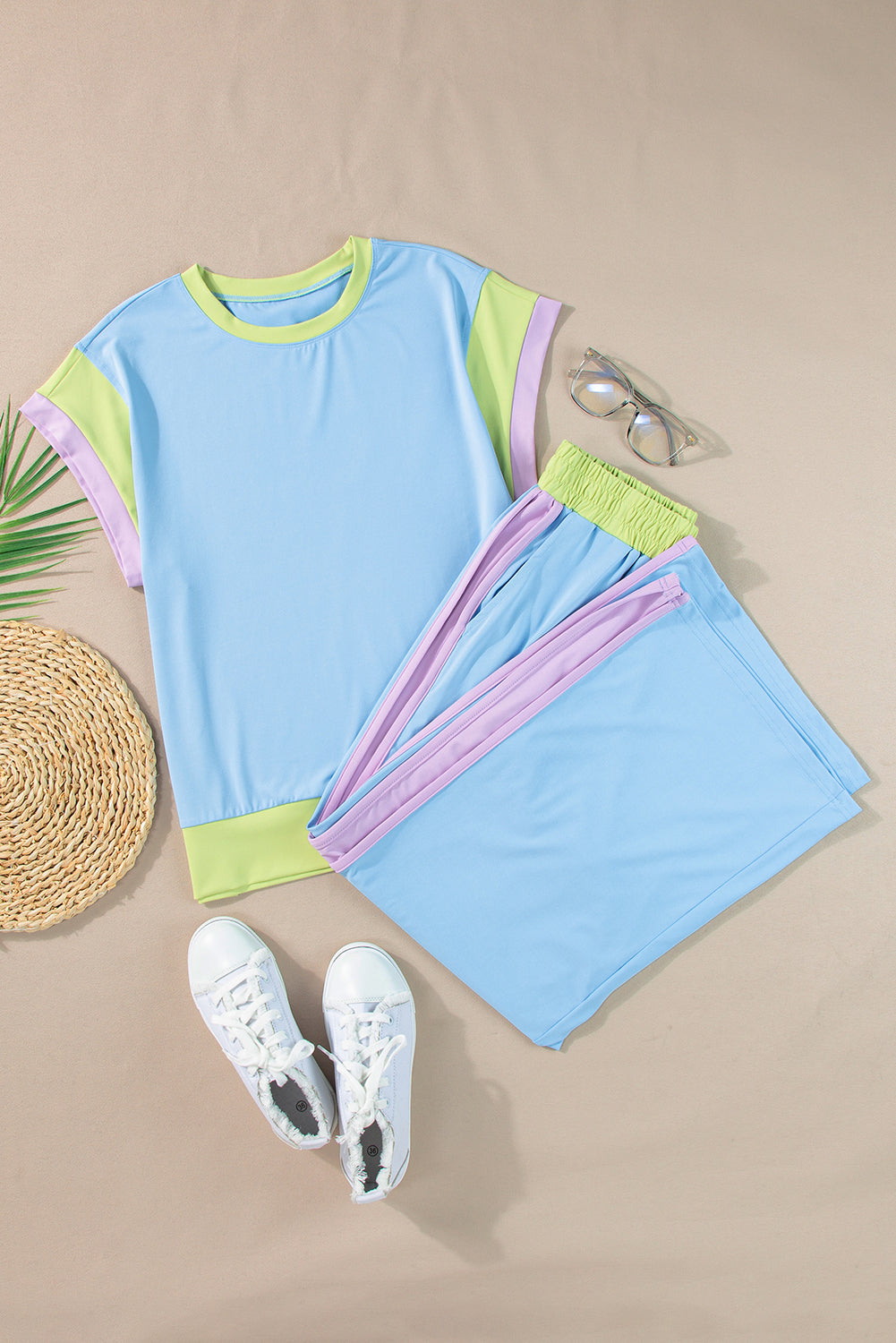White Color Block Detail Casual Two-piece Set