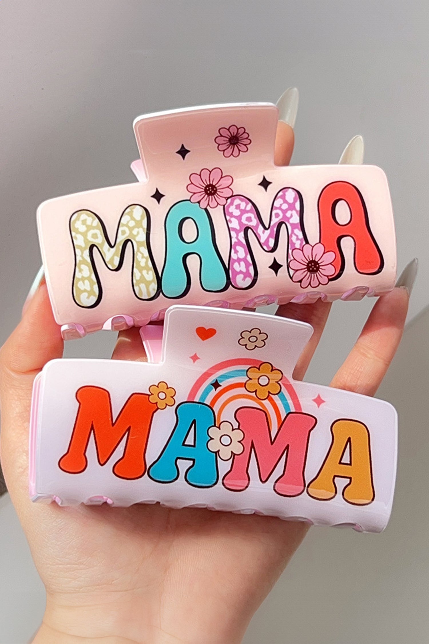 Pink MAMA Flower Printed Acrylic Large Square Hair Claw Clip