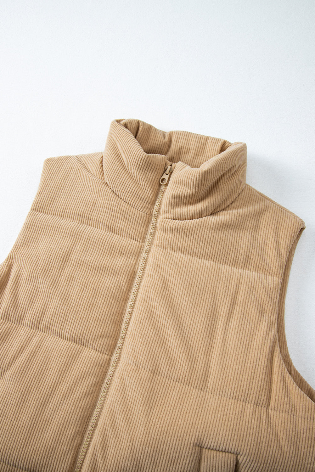 Beige Corduroy Stand Neck Zipped Puffer Vest