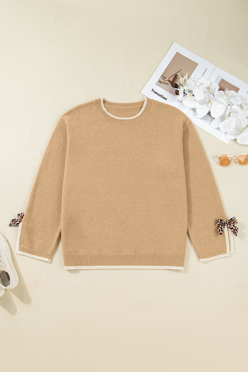 Tan Leopard Bow Decor Split Cuff Contrast Trim Sweater
