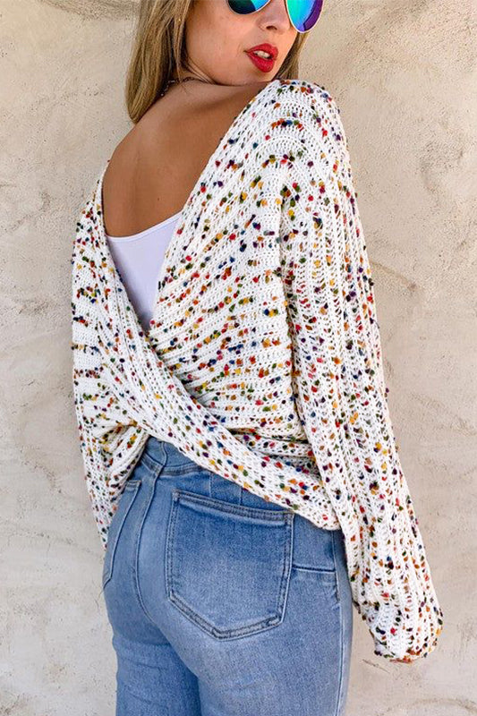 White Confetti Rib Knit Long Sleeve Cardigan