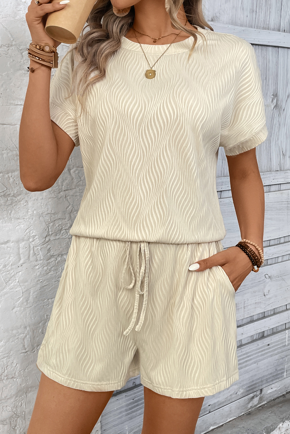 Apricot Textured Crew Neck Tee and Shorts Set