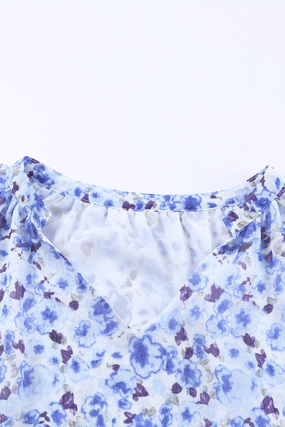 Blue Flutter Sleeve V Neck Floral Summer Blouse