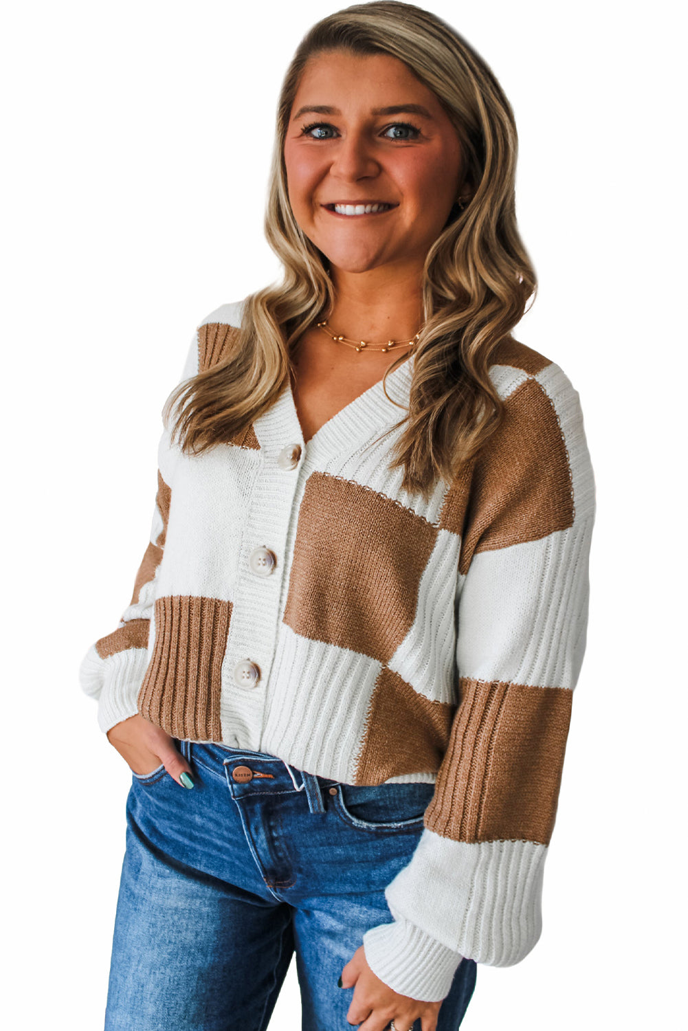 Khaki Checkered Ribbed Texture Knit Plus Size Cardigan Sweater