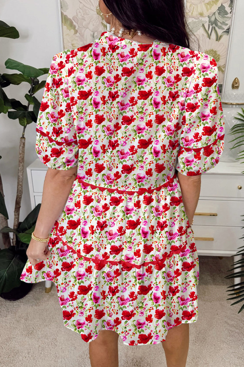 Red Floral Print Striped Patchwork Collared Short Sleeve Blouse