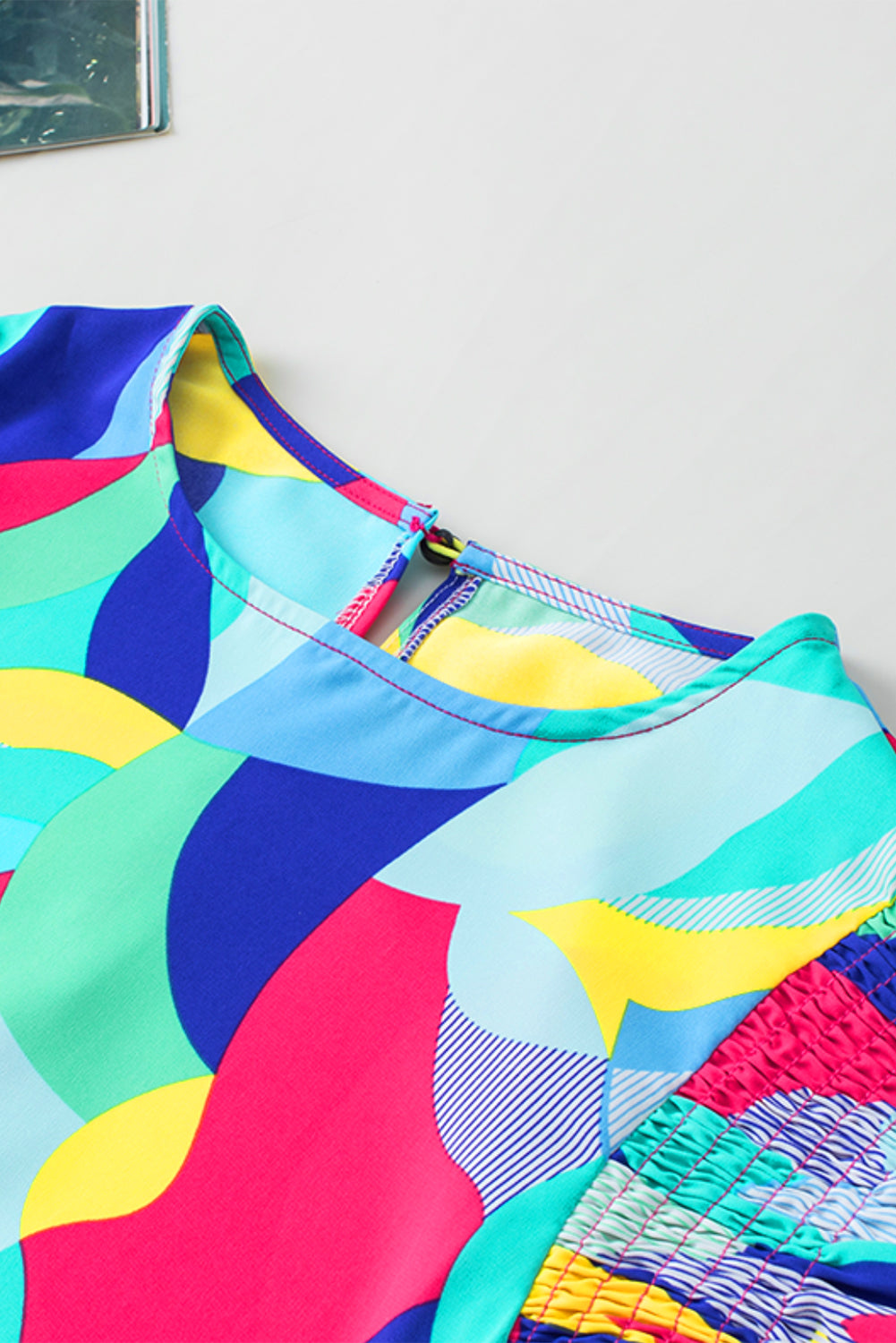 Multicolor Abstract Print Stitching Ruffle Sleeve Blouse