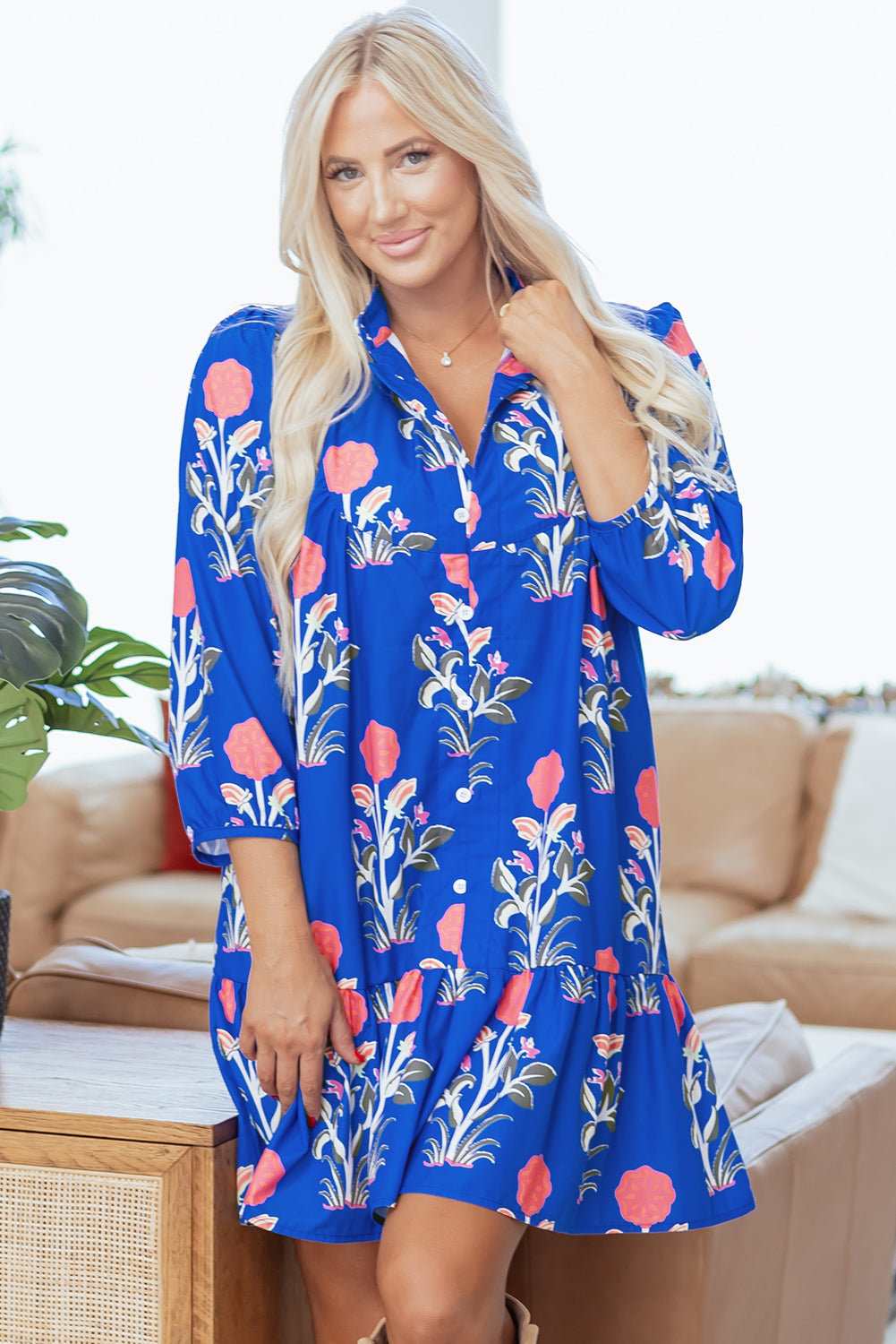 White Floral Puff Short Sleeve V Neck High Waist Maxi Dress