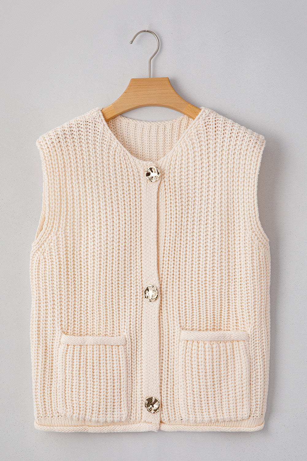 Fiery Red Solid Textured Knit Side Pockets Buttoned Sweater Vest