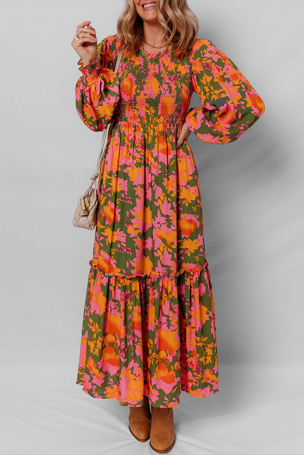 Multicolour Floral Print Long Sleeve Smocked Ruffled Mini Dress