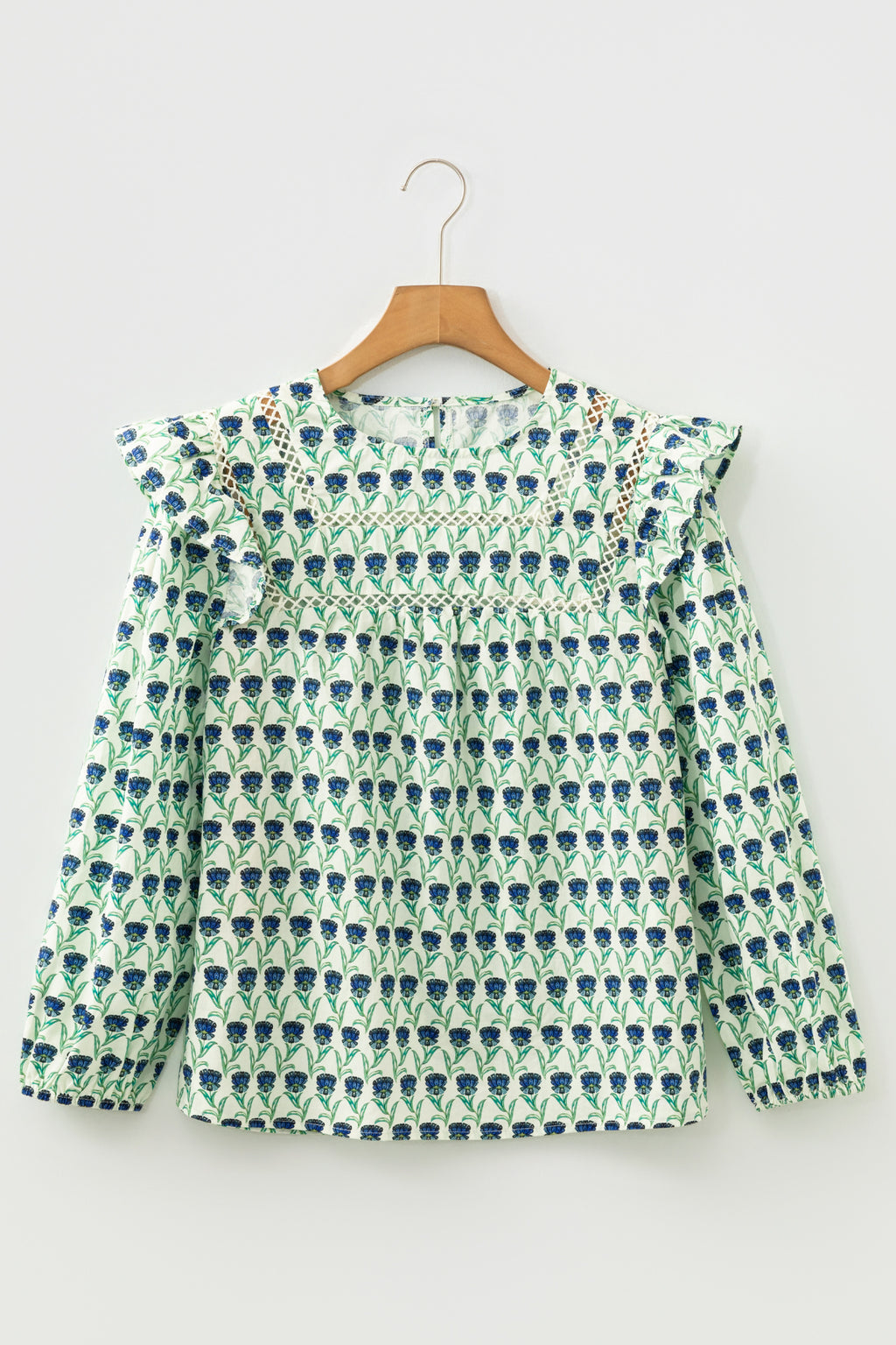 Green Floral Print Lace Detail Ruffle Trim Long Sleeve Blouse
