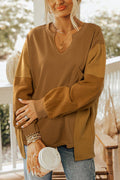 Multicolor Oversized Mixed Textured Split Neck High Low Patchwork Sweatshirt