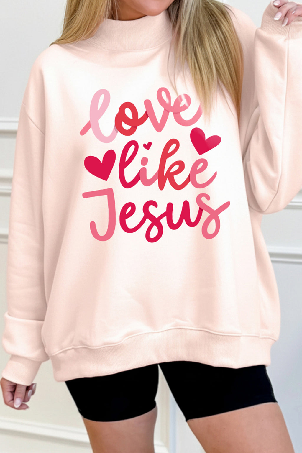 Bright Pink Oversize Blessed Embroidered Mock Neck Sweatshirt