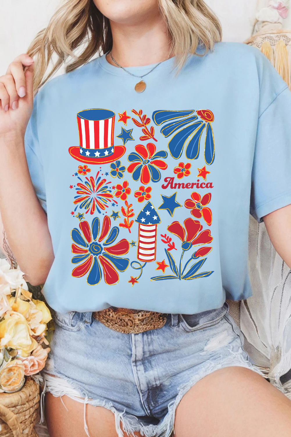 Light Blue America Floral Firework Print 4th of July T Shirt
