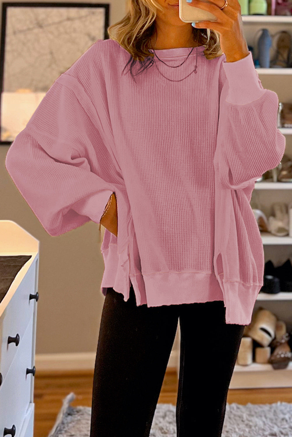 White Waffle knit Bishop Sleeve Split Oversized Top