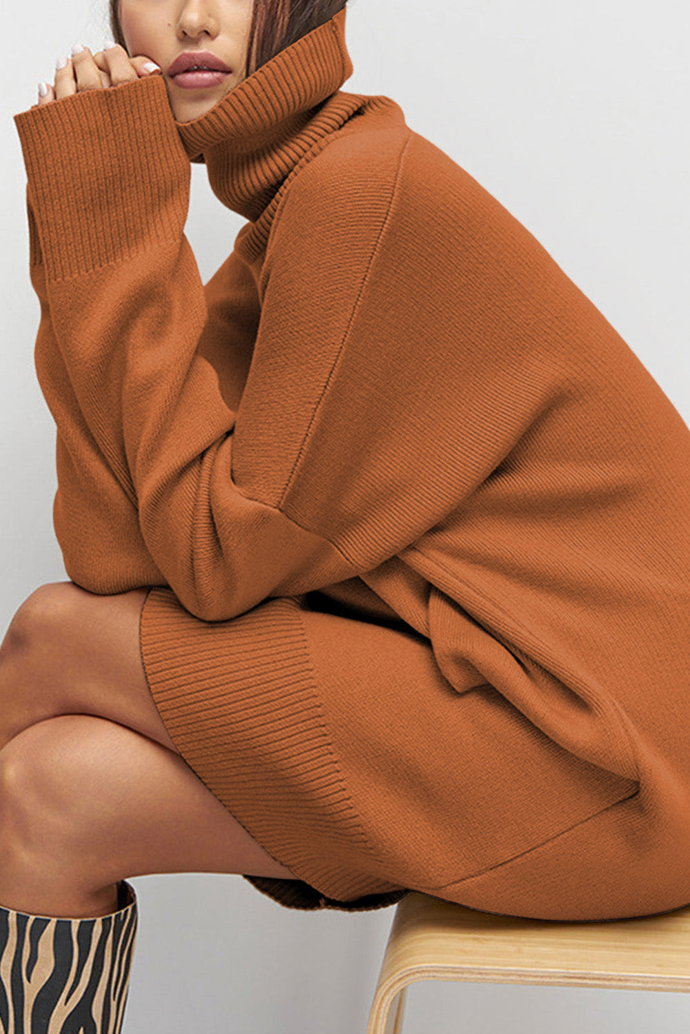 Black Solid Color Turtleneck Drop Shoulder Loose Sweater Dress