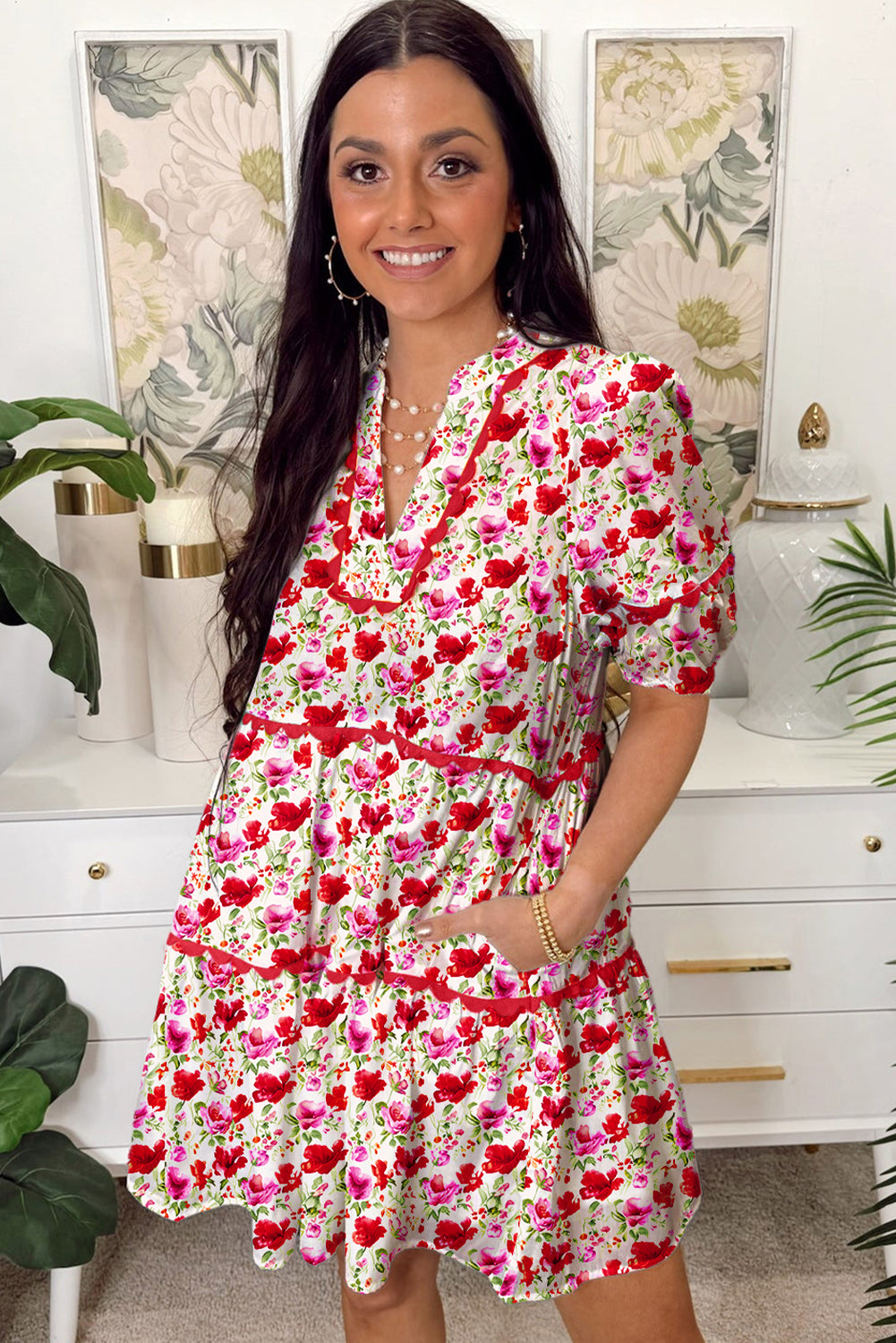 Red Floral Print Striped Patchwork Collared Short Sleeve Blouse