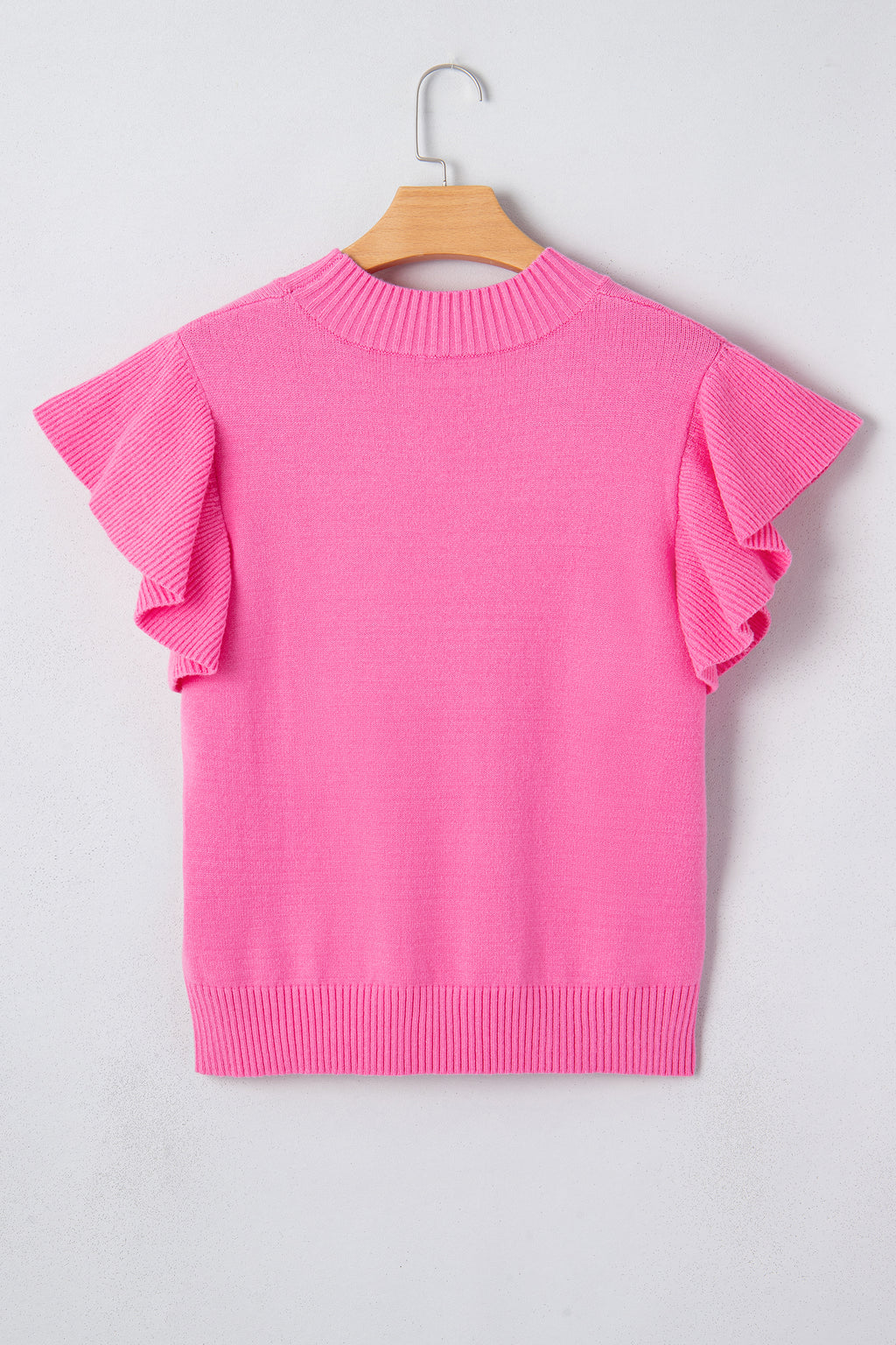 Beau Blue Solid Color Ribbed Trim Round Neck Ruffle Short Sleeve Sweater