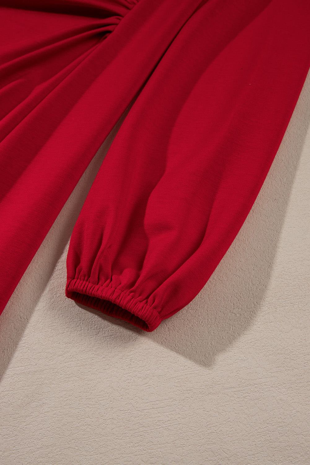Fiery Red Solid Color Ruched Detail Long Sleeve Midi Dress